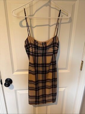 Windsor Tan Plaid Mini Dress with Black and Red Accents